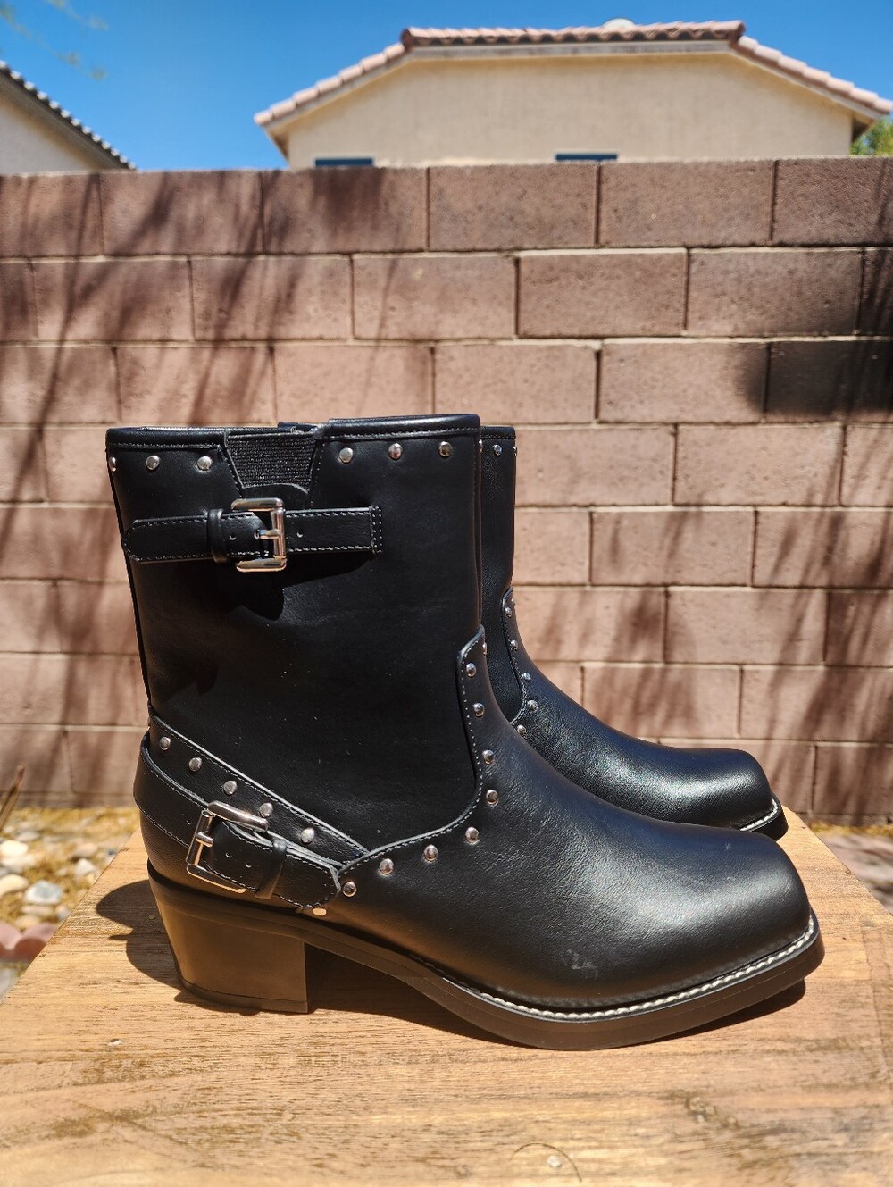 MIA Women's Delores Black Leather Square Toe Studded Buckle Booties Size 9 - Picture 5 of 11